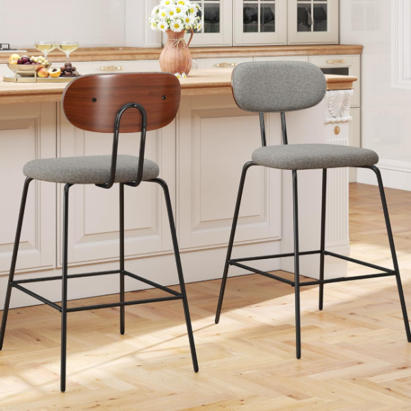 Upholstered Bar Stools with Bentwood Backrests (Set of 2)