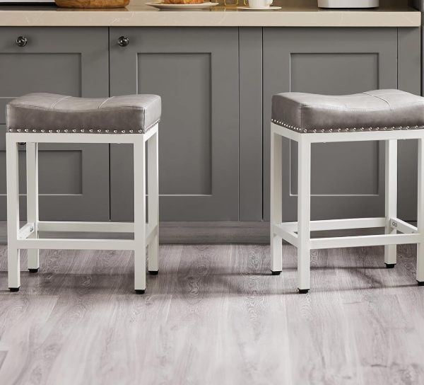 Upholstered Saddle-Seat Bar Stools with Footrests (Set of 2)